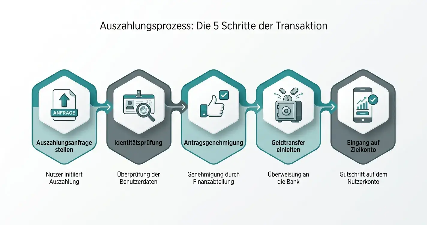 Zeitstrahl-Diagramm mit fünf Stationen einer Trustly-Auszahlung vom Antrag bis zur Bankgutschrift