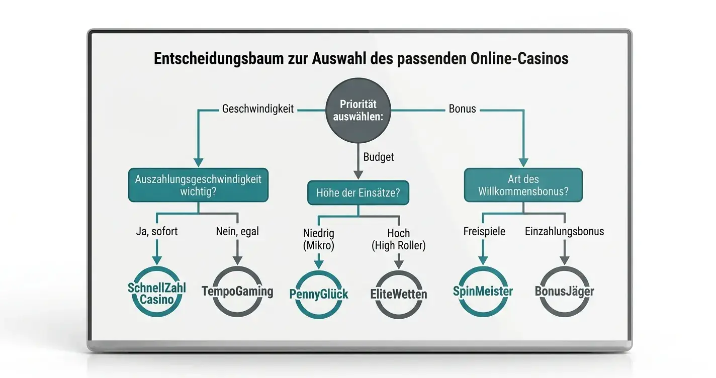 Entscheidungsbaum-Diagramm zur Casino-Auswahl nach Prioritäten: Geschwindigkeit, Budget, Bonus
