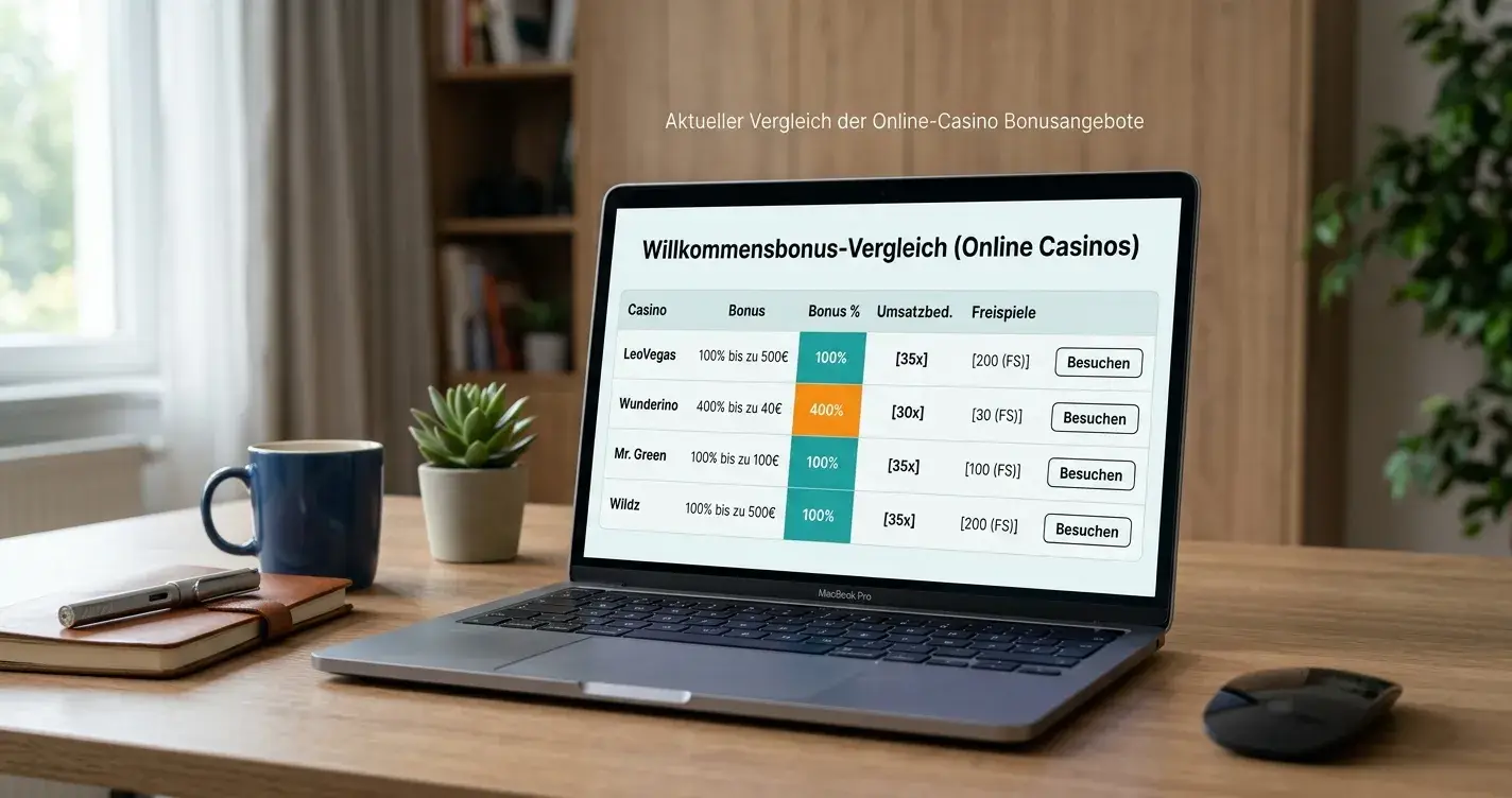 Laptop-Bildschirm mit Bonusvergleichstabelle und farbigen Markierungen für Umsatzbedingungen
