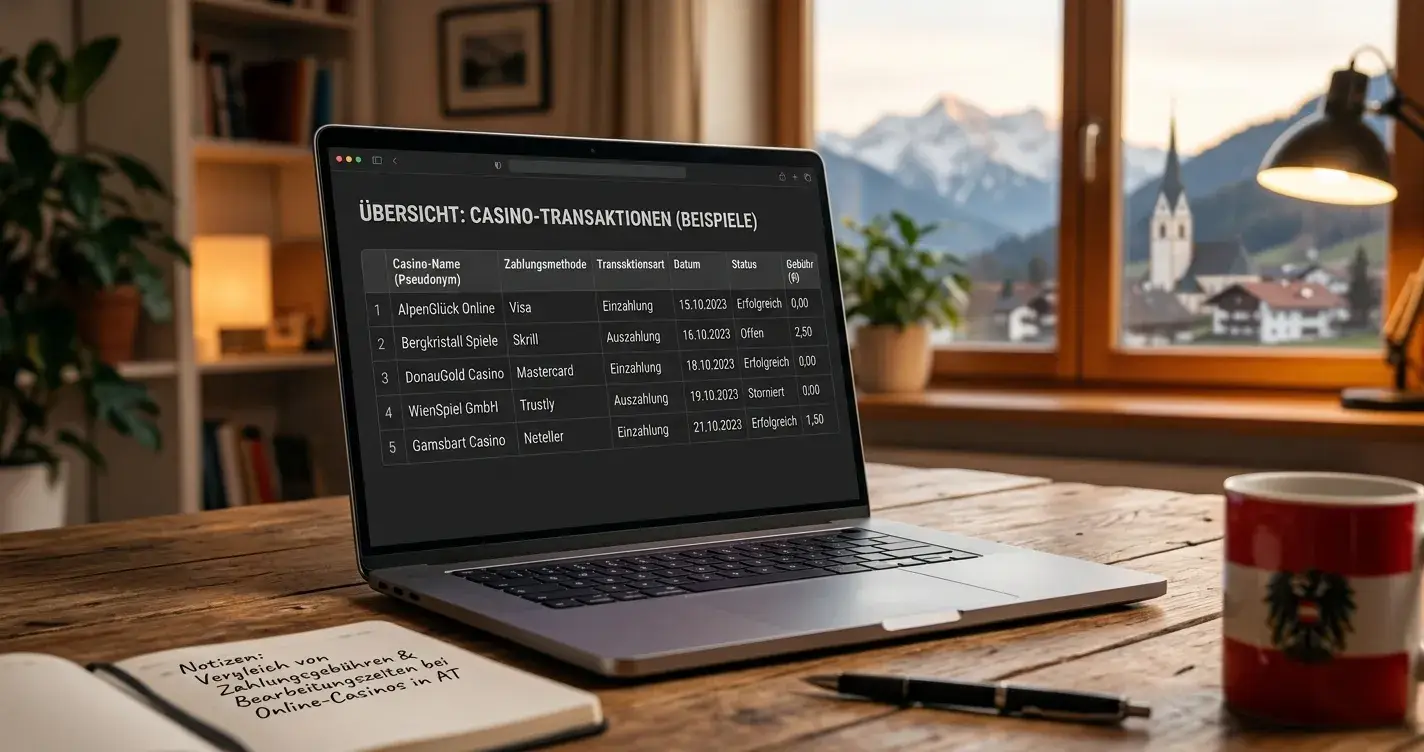 Vergleichstabelle auf Laptop-Bildschirm mit zehn Casino-Optionen und Transaktionsdetails