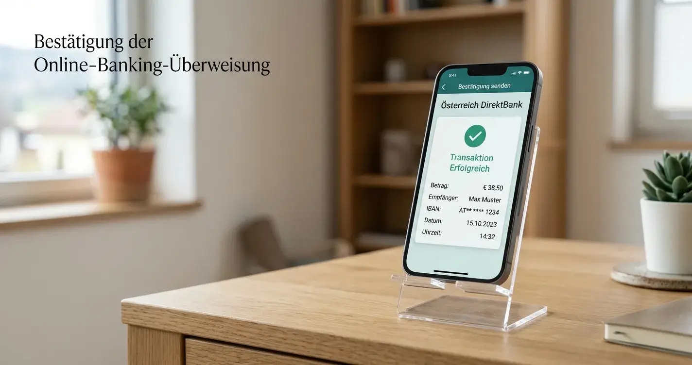 Smartphone mit geöffneter Banking-App und Trustly-Zahlungsbestätigung auf modernem Schreibtisch