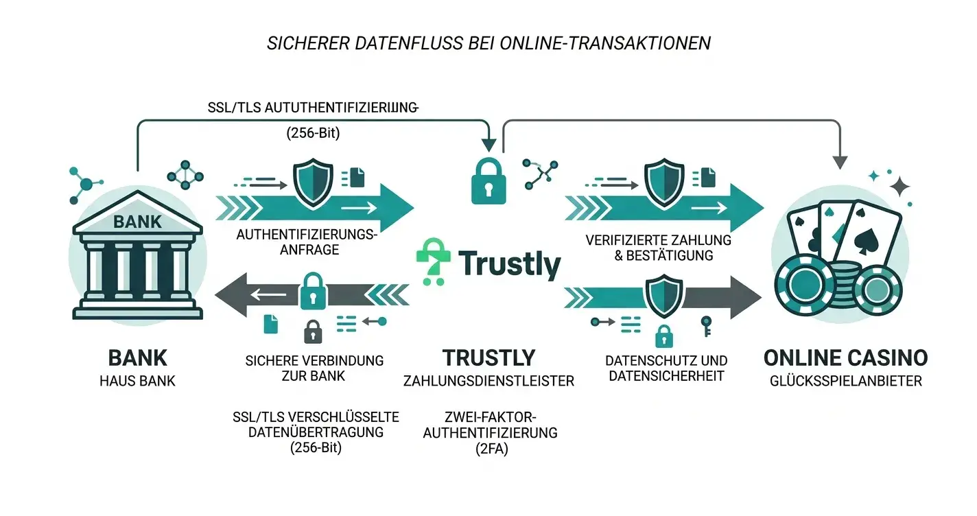 Symbolische Darstellung von Sicherheitsebenen: verschlüsselte Datenübertragung zwischen Bank und Casino