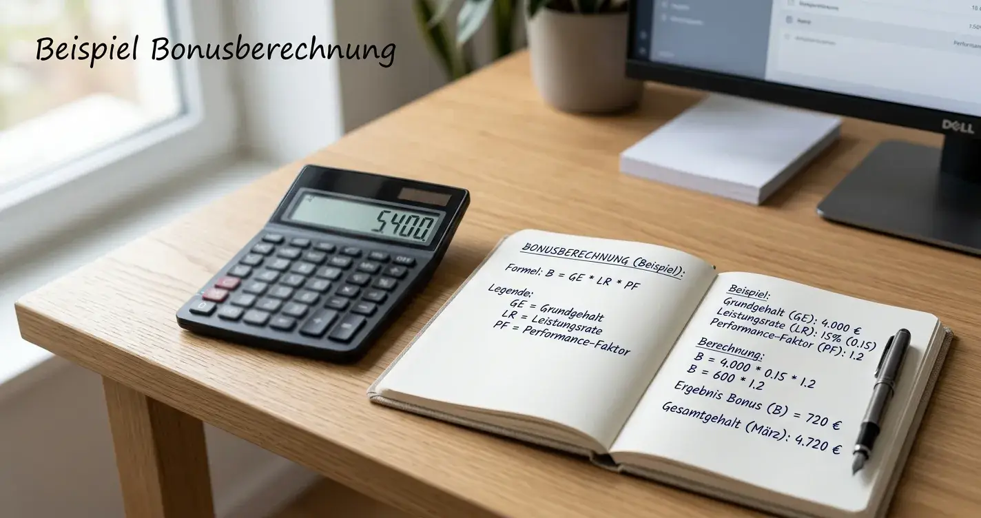 Taschenrechner mit Bonusbetrag und Umsatzberechnung auf Notizblock