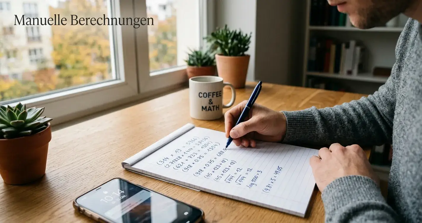 Notizblock mit handschriftlichen Umsatzberechnungen auf Schreibtisch