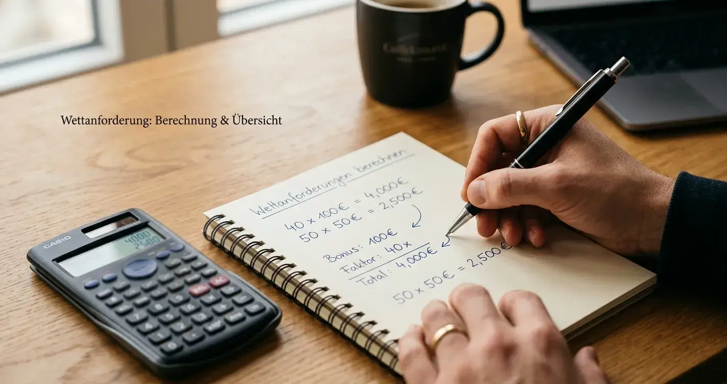 Notizbuch mit handgeschriebenen Umsatzberechnungen 40x und 50x neben Taschenrechner auf Holztisch