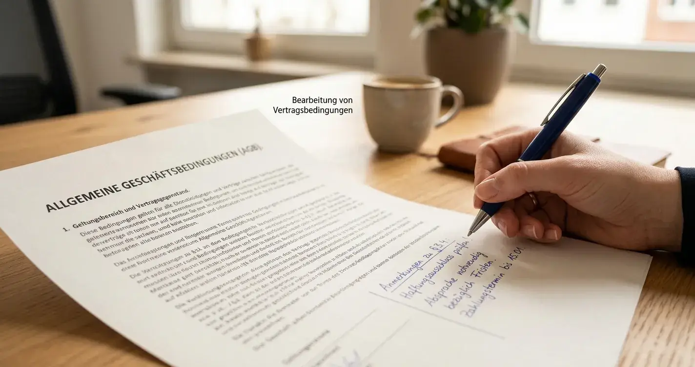 Dokument mit Umsatzbedingungen und Notizen auf Schreibtisch