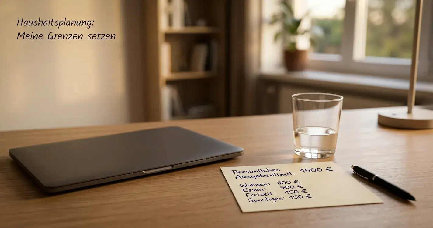 Ruhiger Wohnzimmertisch mit persönlichem Limit auf einem Notizblatt und geschlossenem Laptop