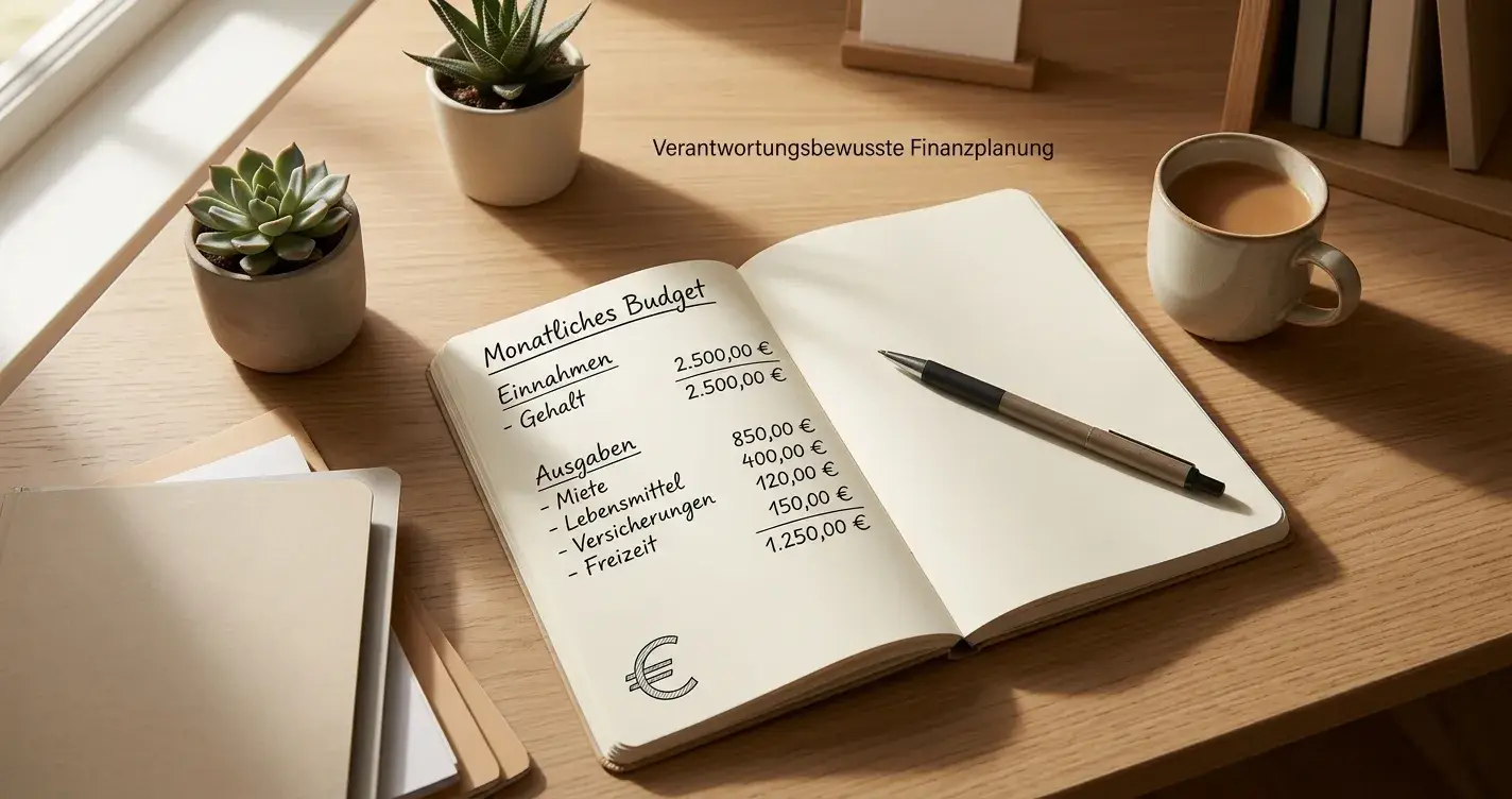 Schreibtisch mit Notizblock, Budgetplan und symbolischem Euro-Zeichen