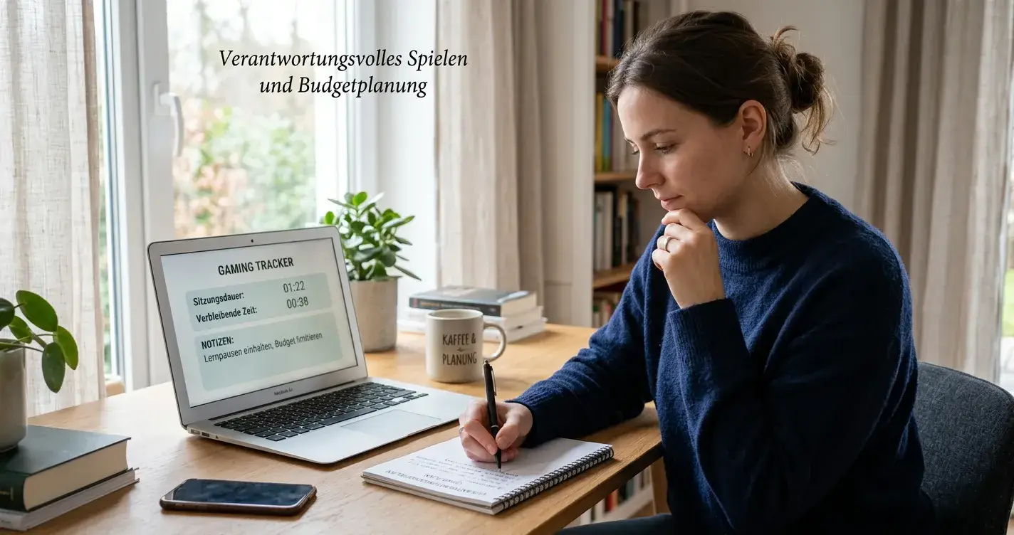 Person mit Laptop und Notizen zur Verantwortungsvollen Spielweise