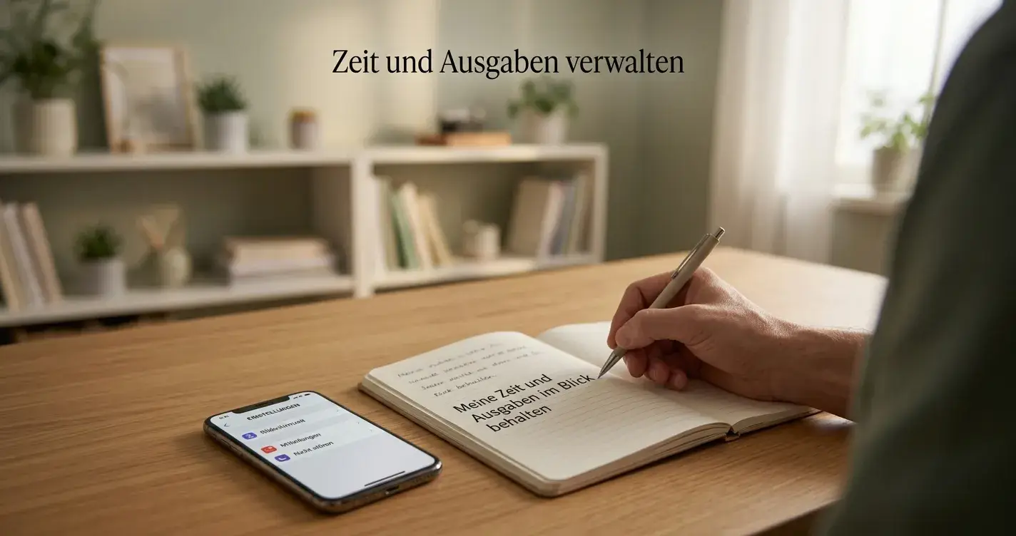 Ruhiger Arbeitsplatz mit handschriftlich gesetztem Zeit- und Budgetrahmen neben einem Smartphone