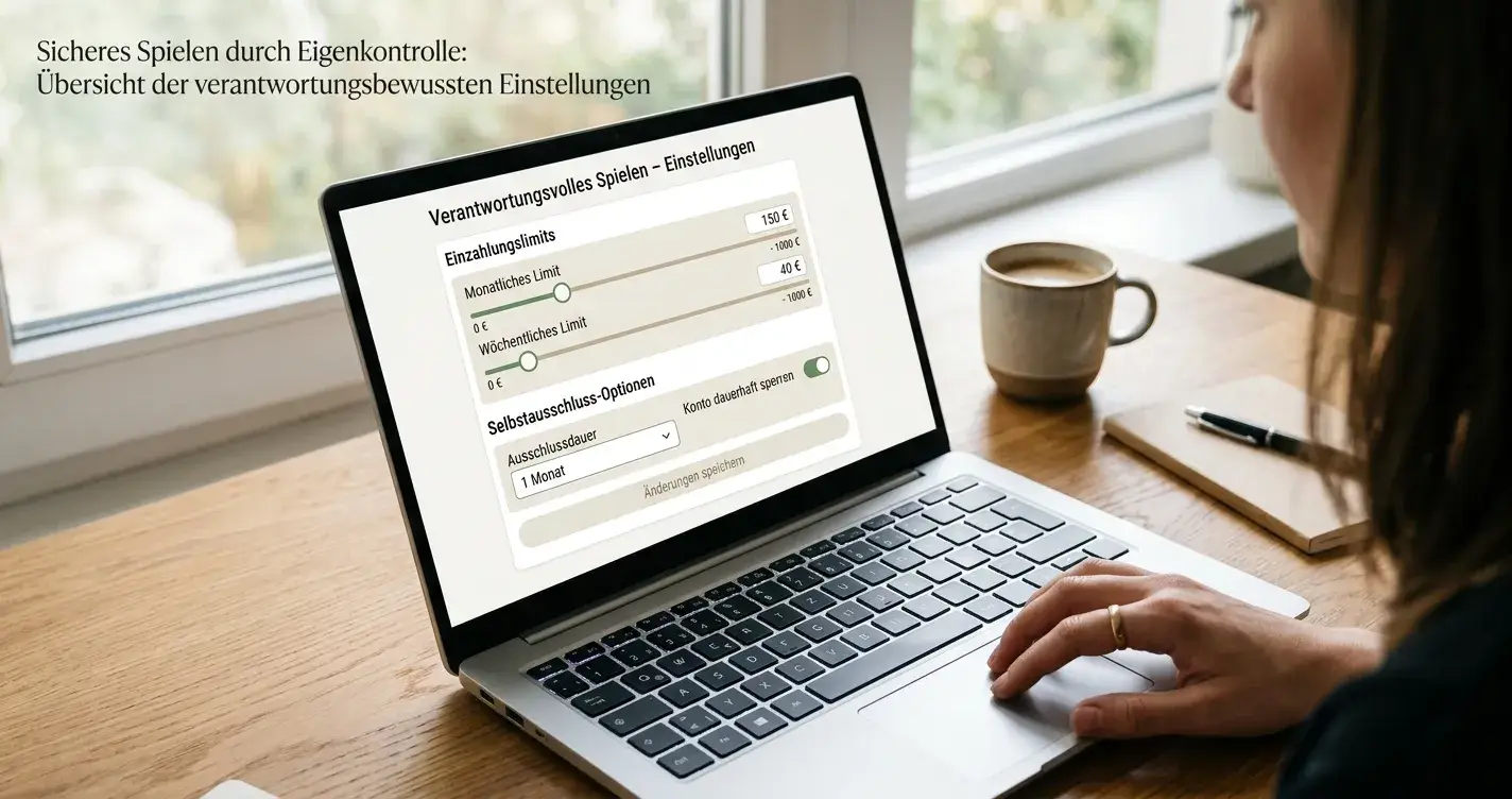Laptop-Bildschirm zeigt Einstellungen für verantwortungsvolles Spielen mit Einzahlungslimits am Schreibtisch