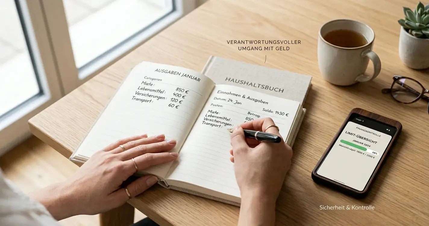 Hände schreiben Budget-Notizen in ein Journal neben Smartphone mit Limit-App
