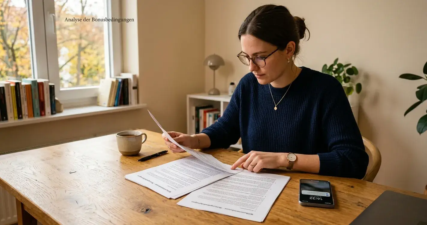 Person am Schreibtisch liest Bonusbedingungen auf Papier, daneben Smartphone