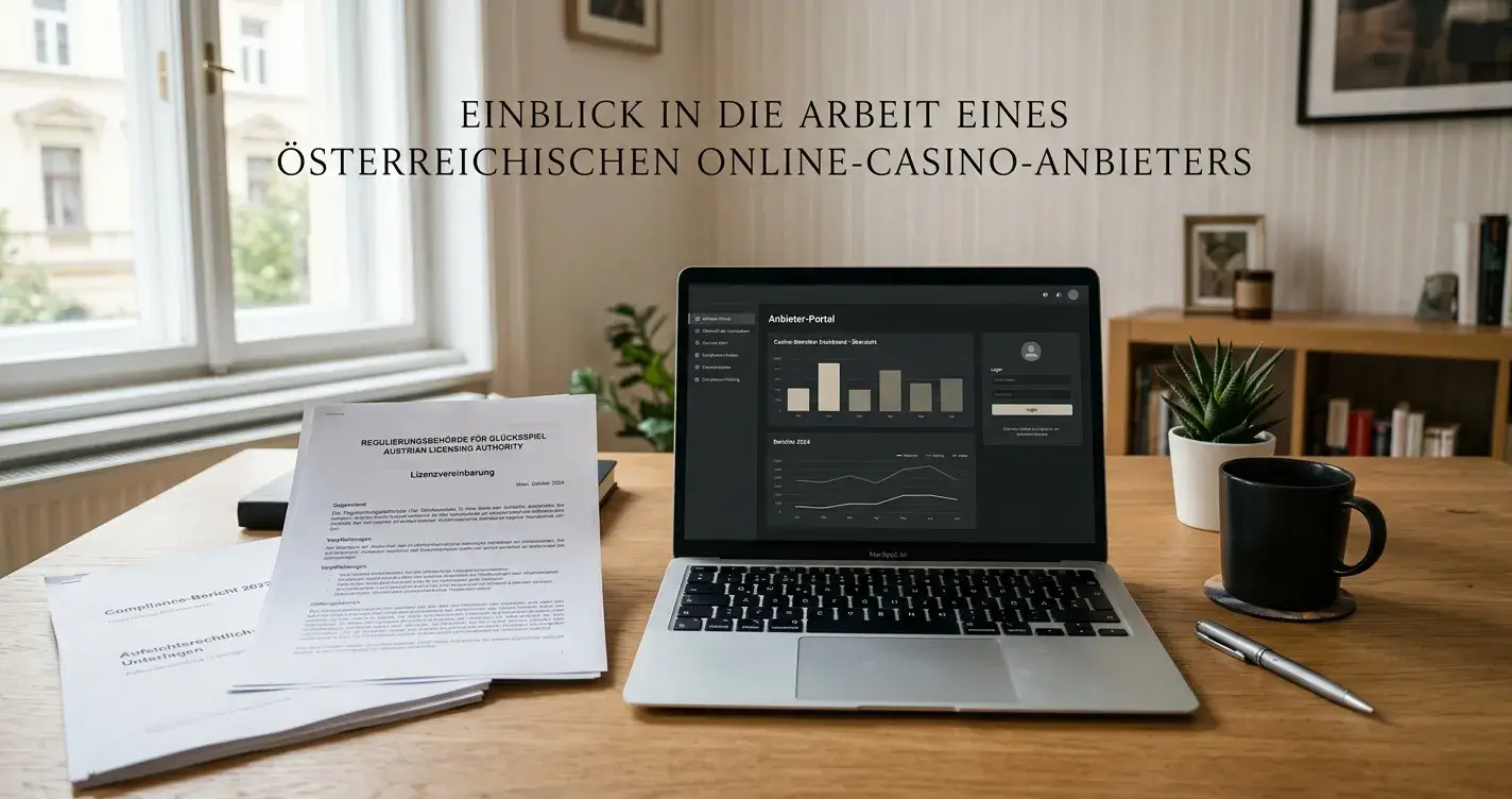 Schreibtisch mit neutralen Casino-Anbieterdokumenten und Lizenzunterlagen