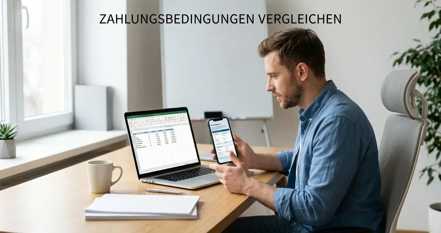 Person prüft Zahlungsbedingungen auf Laptop und Smartphone