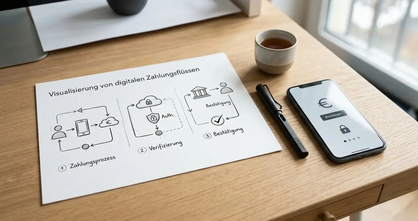 Neutrale Infografik mit getrennten Begriffen für Bankzahlung und Wallet
