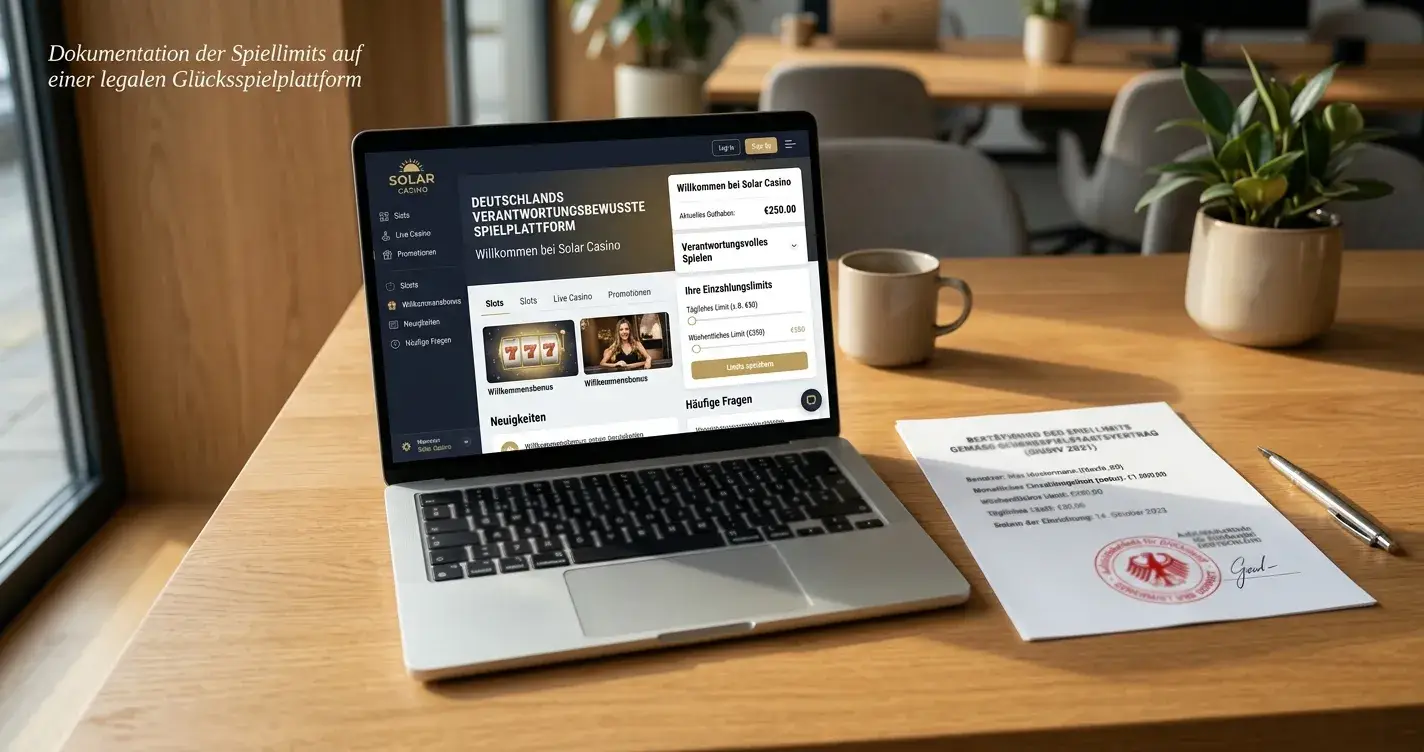Laptop mit neutraler Casino-Plattform und gestempeltem Limitdokument in warmem Bürolicht