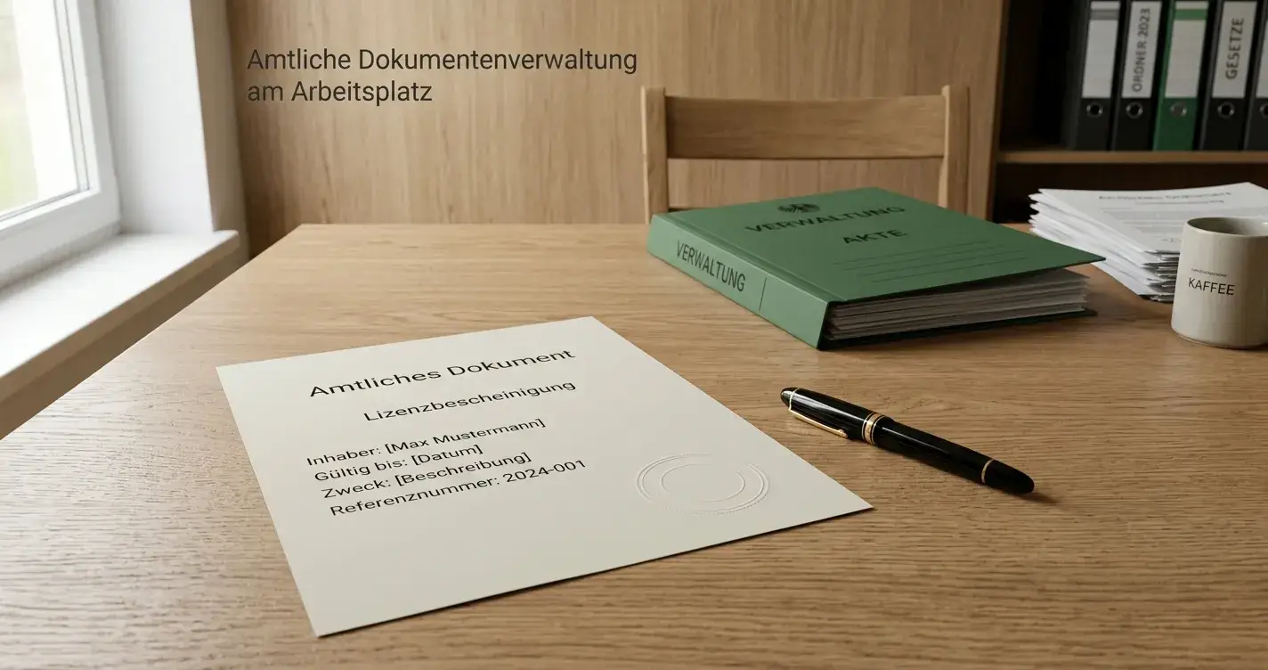 Nüchterne Ansicht eines Behördenschreibtischs mit einer neutralen Konzessionsurkunde ohne Wappen