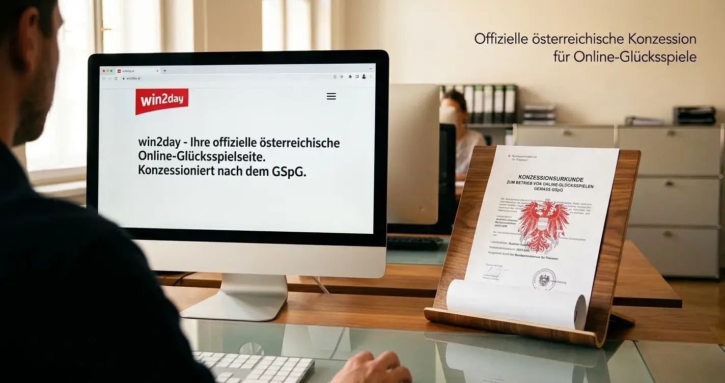 Offizielles win2day-Logo auf einem Bildschirm neben österreichischer Konzessionsurkunde mit Bundesadler-Siegel