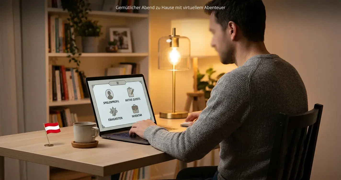 Person am heimischen Schreibtisch vor einem Laptop mit neutralem Spiel-Interface