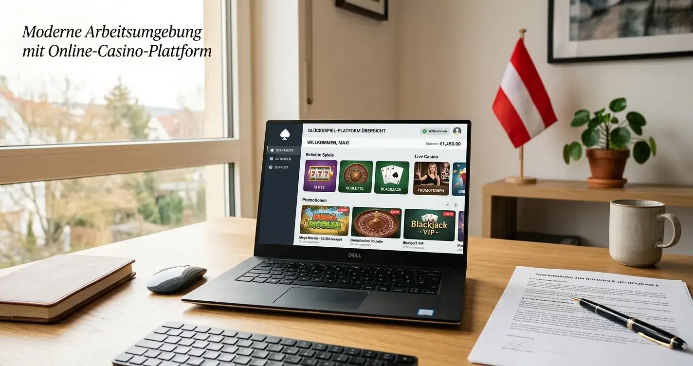 win2day Plattform auf Laptop mit österreichischer Flagge im Hintergrund