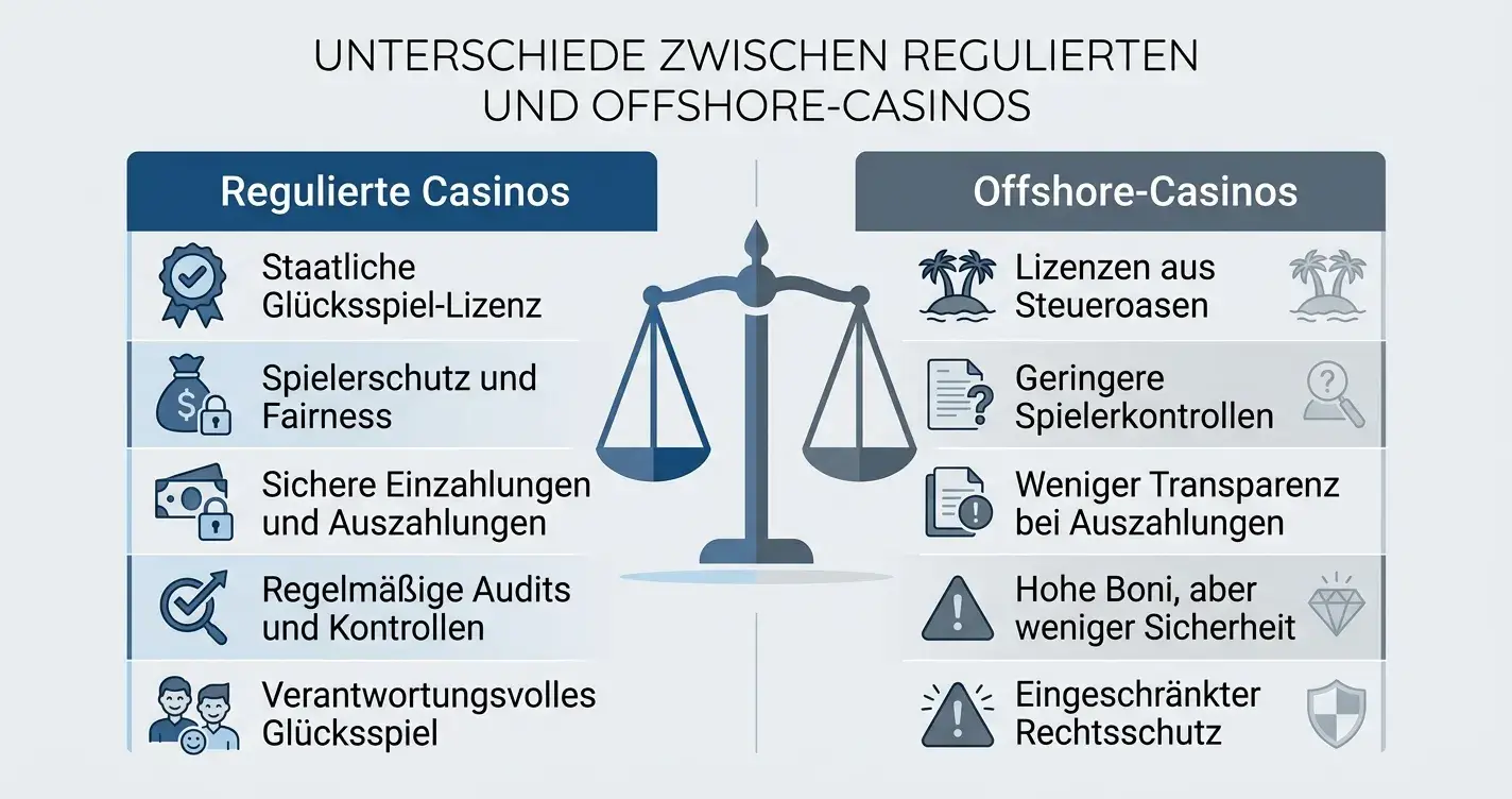 Symbolischer Vergleich zwischen reguliertem und Offshore-Casino-Angebot