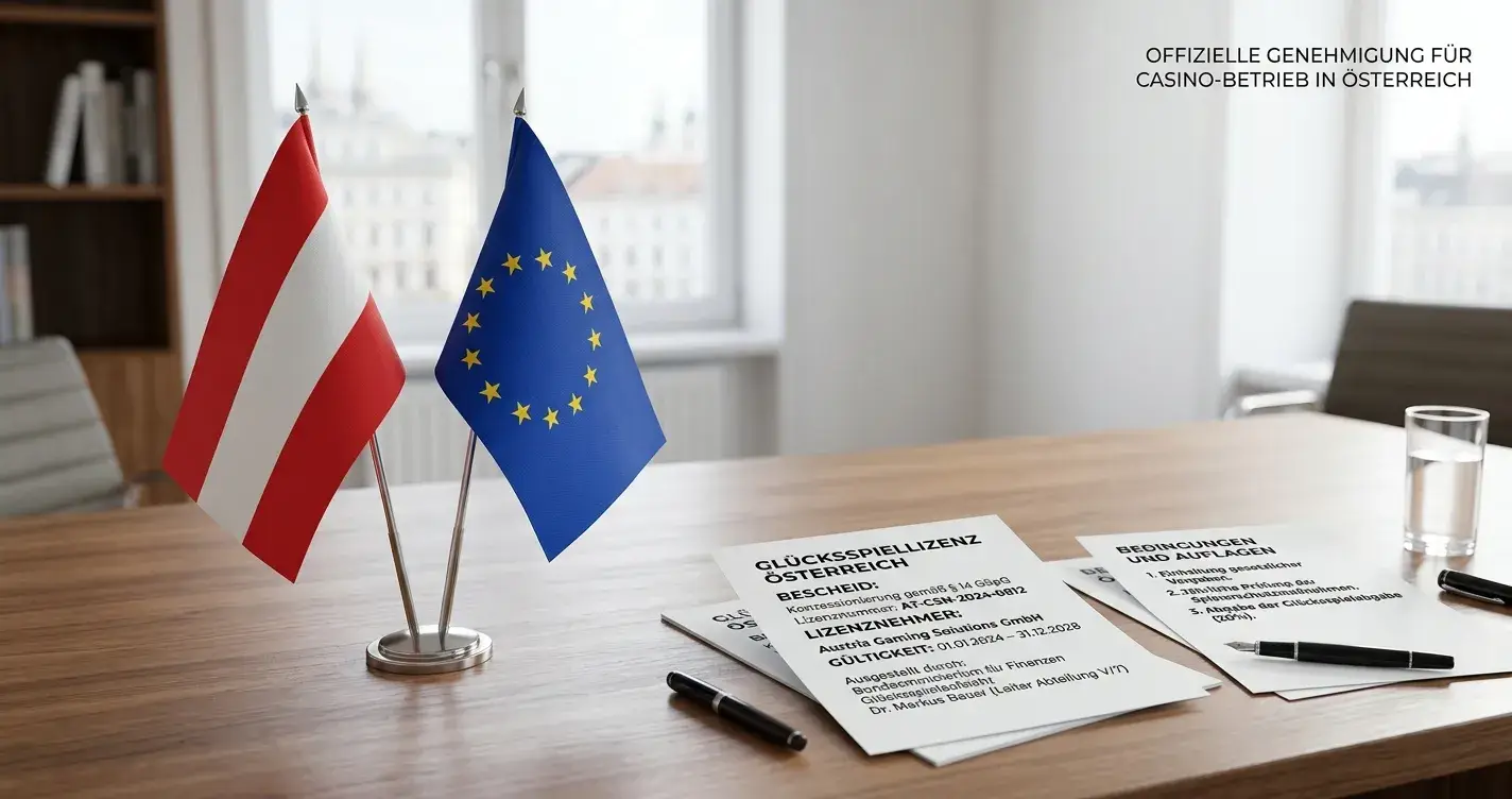 Österreichische Flagge neben EU-Flagge mit Casino-Lizenz-Dokumenten