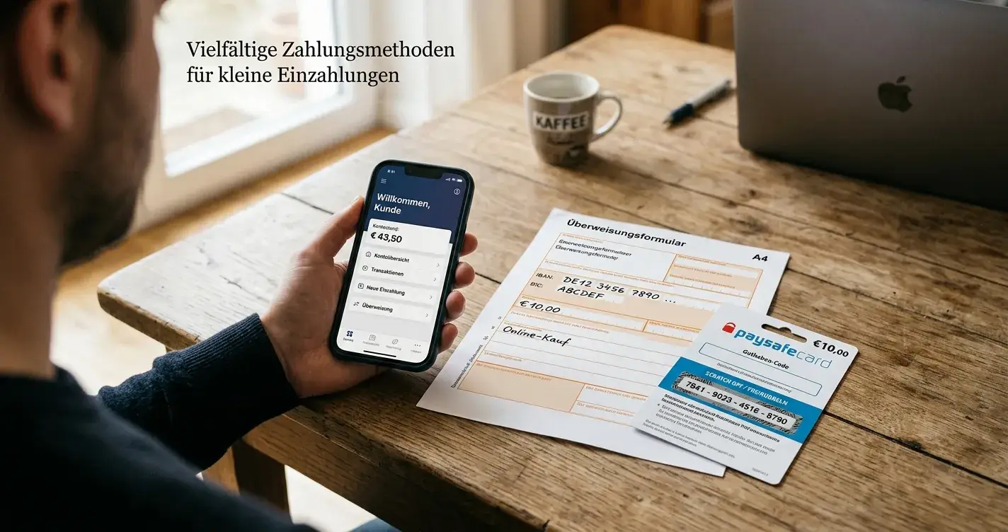 Smartphone mit Casino-App und Banküberweisung-Interface neben einer Paysafecard auf einem Tisch