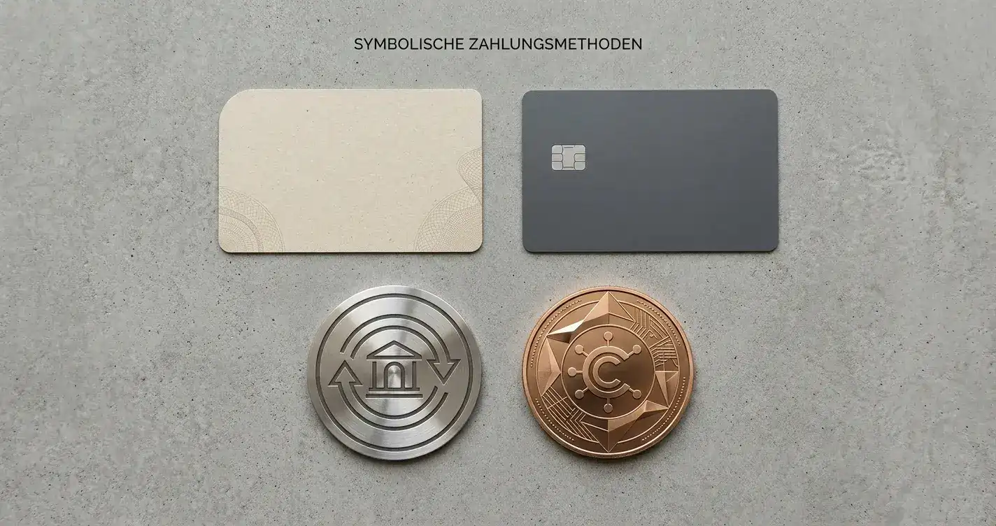 Symbolische Darstellung verschiedener Zahlungswege — Karte, Gutschein, Überweisung und Krypto-Token — auf einer neutralen Fläche