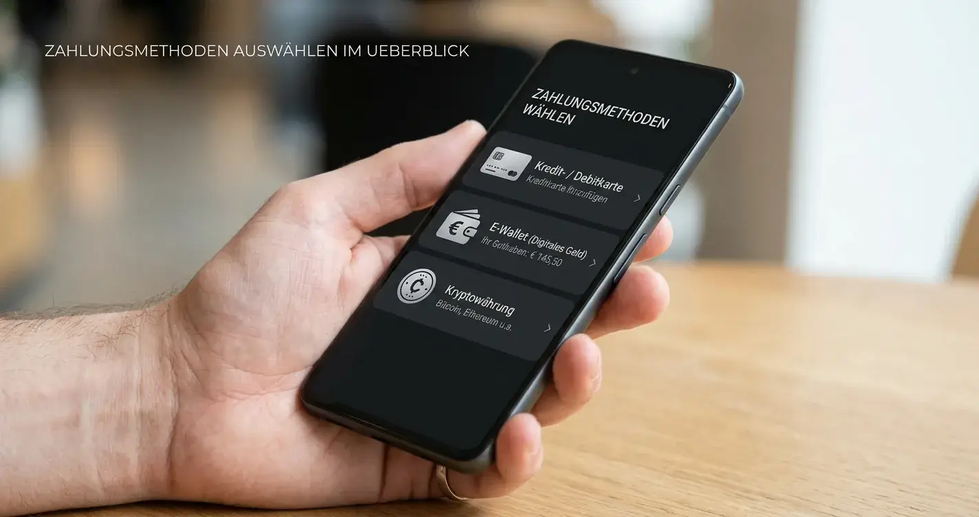 Smartphone mit verschiedenen Zahlungsmethoden-Symbolen auf Display