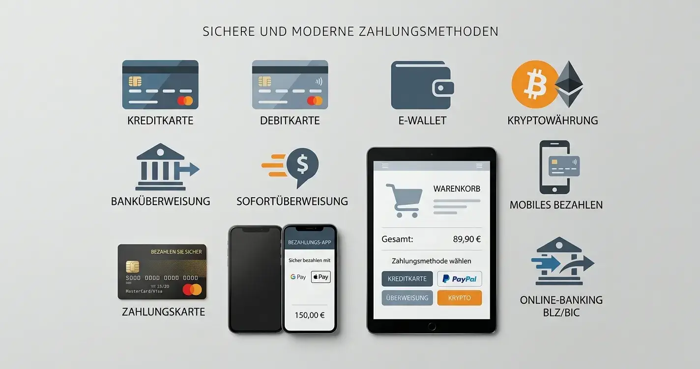 Verschiedene Zahlungsmethoden-Icons für Online-Casino-Transaktionen
