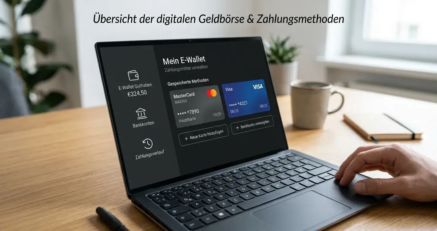 E-Wallet-Icons und Kreditkarten auf Notebook-Screen