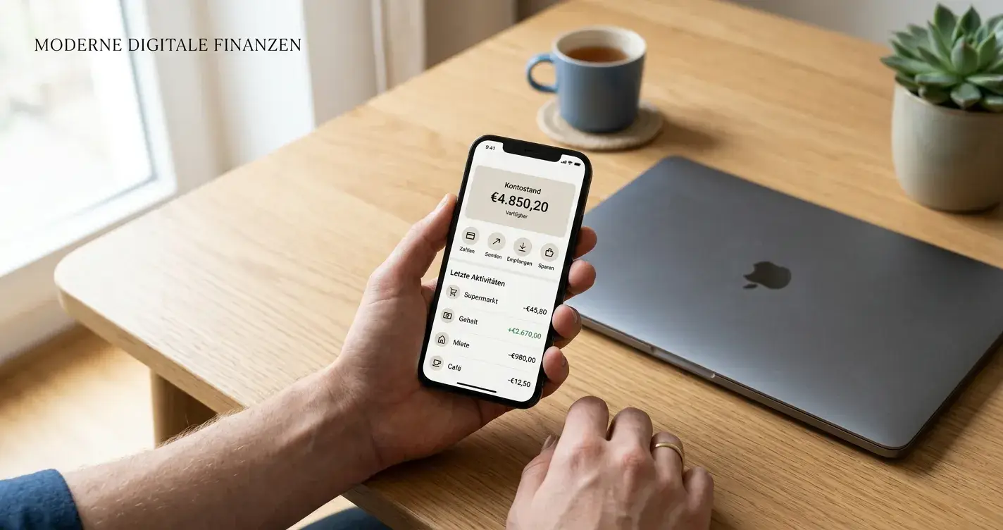 Smartphone mit neutraler Banking-Oberfläche neben Zahlungssymbolen auf einem Schreibtisch