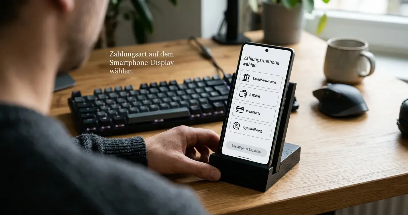 Verschiedene Zahlungsmethoden und Crypto-Wallets auf Smartphone-Display