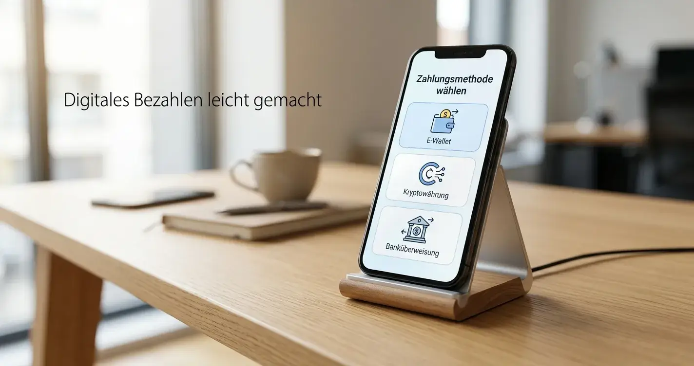 Smartphone zeigt verschiedene Zahlungsmethoden-Icons — E-Wallet, Krypto, Banküberweisung