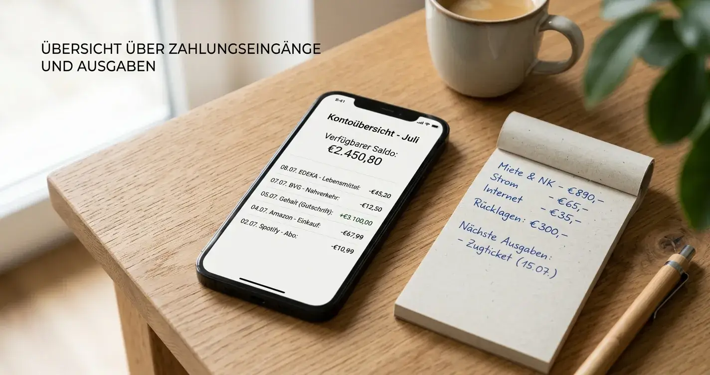 Smartphone mit neutraler Zahlungsübersicht und Notizen zu Ein- und Auszahlungswegen