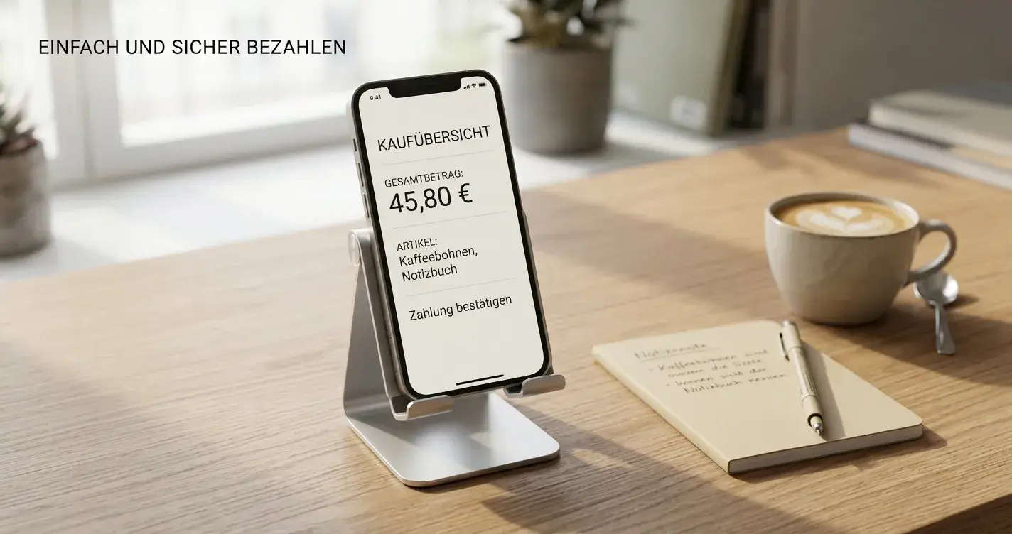 Smartphone mit neutraler Zahlungs-App auf sauberem Schreibtisch
