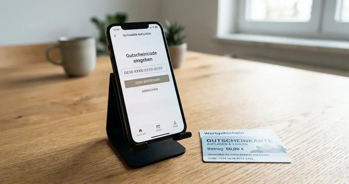 Smartphone mit neutraler Zahlungs-App neben einer Paysafecard-Gutschein-Karte auf einem Tisch