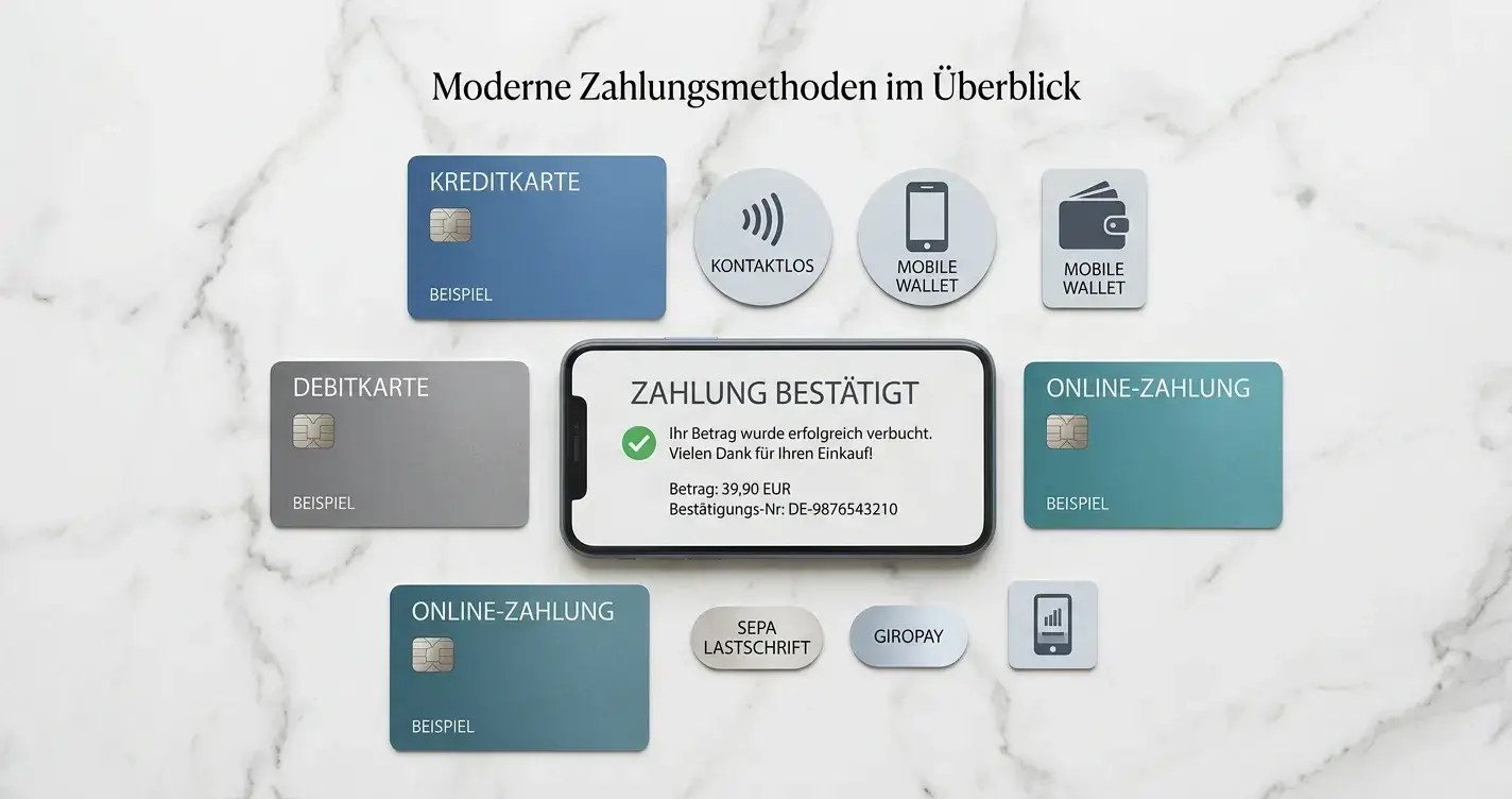 Generische Zahlungssymbole und Smartphone mit neutraler Zahlungsbestätigung auf weißem Marmor
