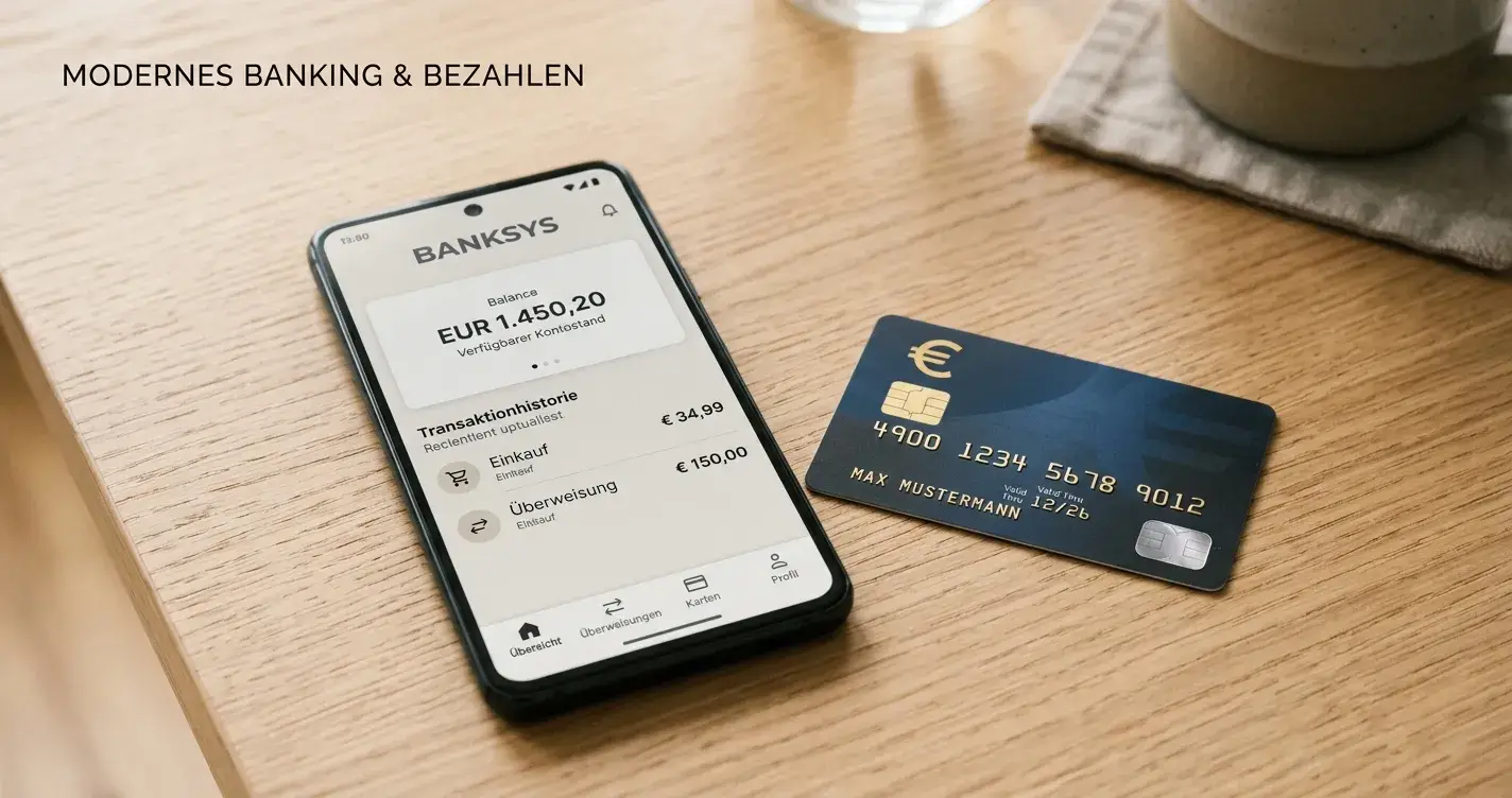 Smartphone mit neutraler Banking-App-Oberfläche neben einer EPS-Karte und einem Euro-Symbol-Chip