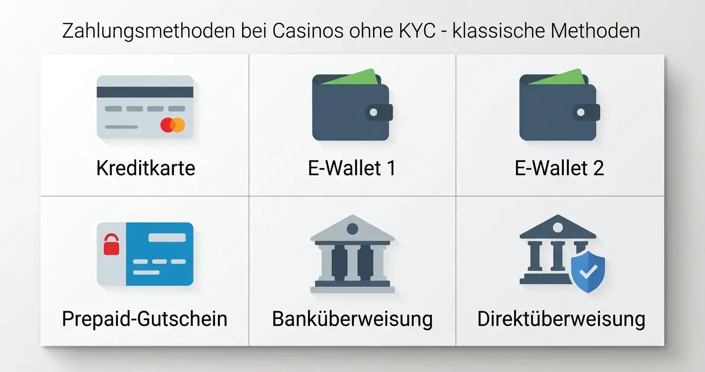 Verschiedene Zahlungsmethoden-Symbole für Online-Casinos ohne KYC