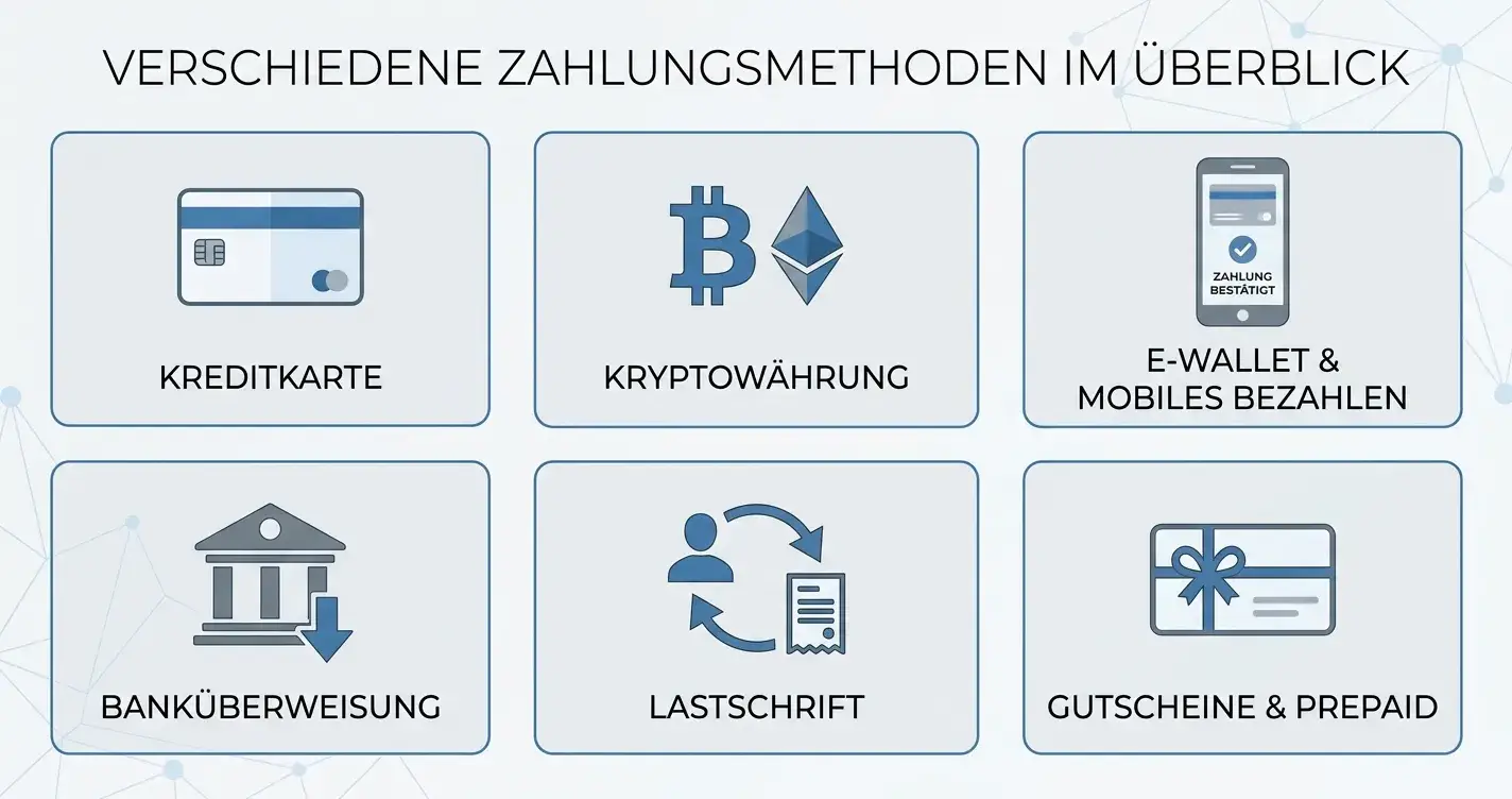 Verschiedene Zahlungsmethoden-Symbole für Online-Casinos ohne LUGAS