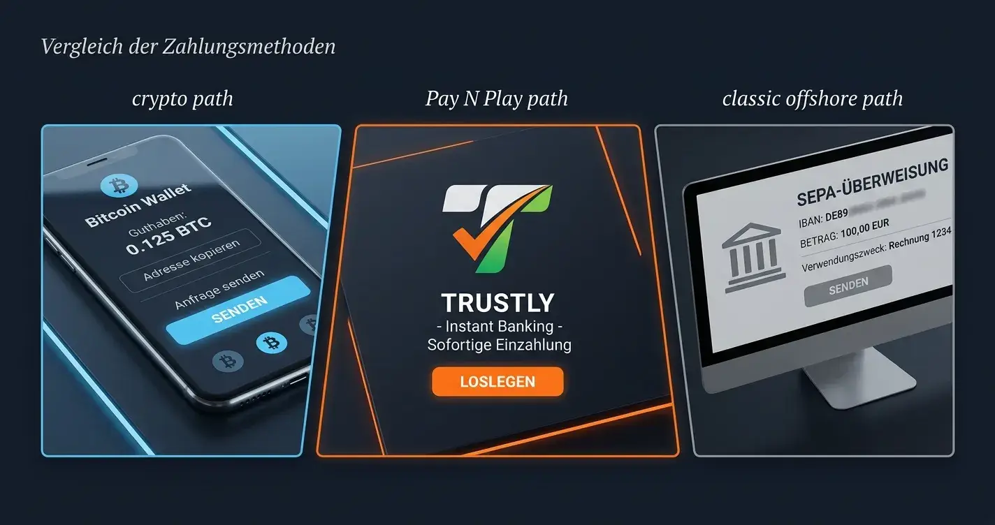 Bitcoin-Wallet-Interface und Trustly-Logo neben klassischer Banküberweisung