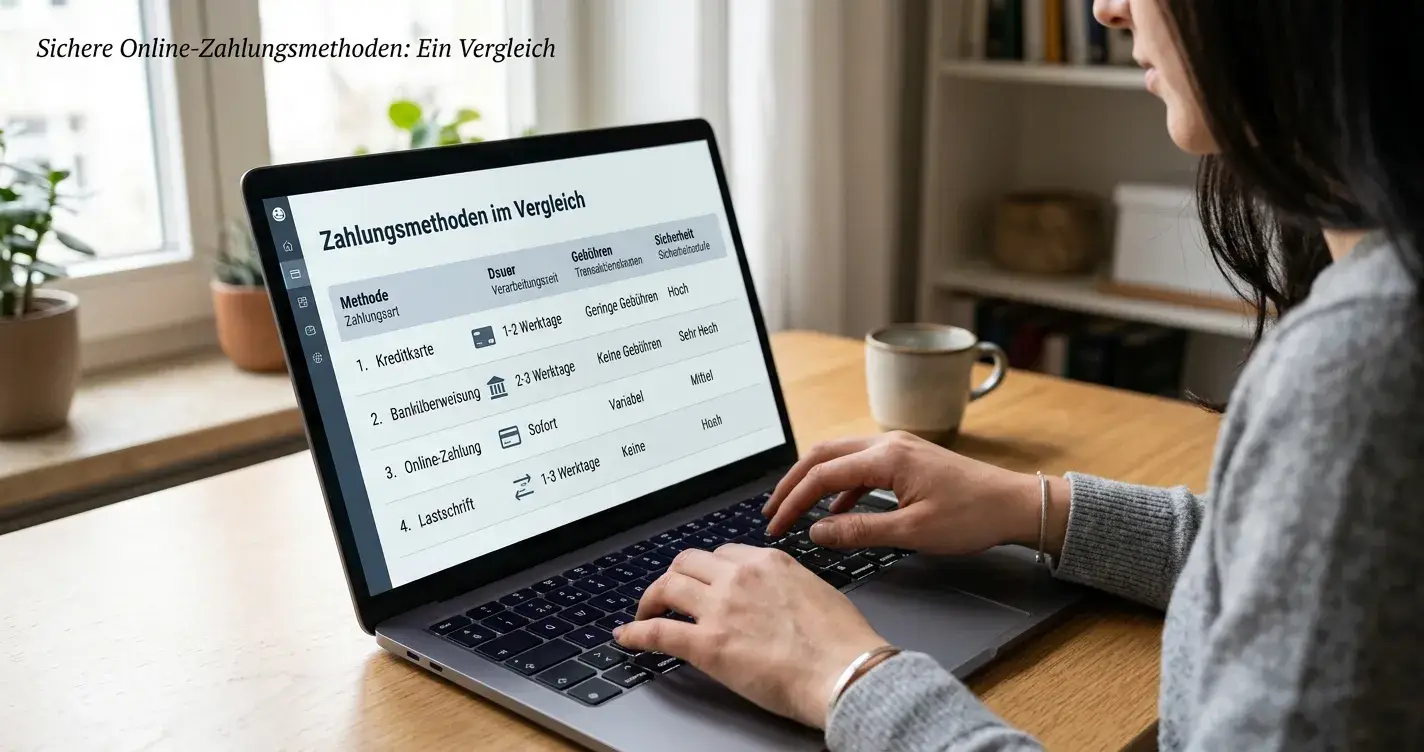 Person analysiert Zahlungsmethoden-Optionen auf Laptop-Bildschirm