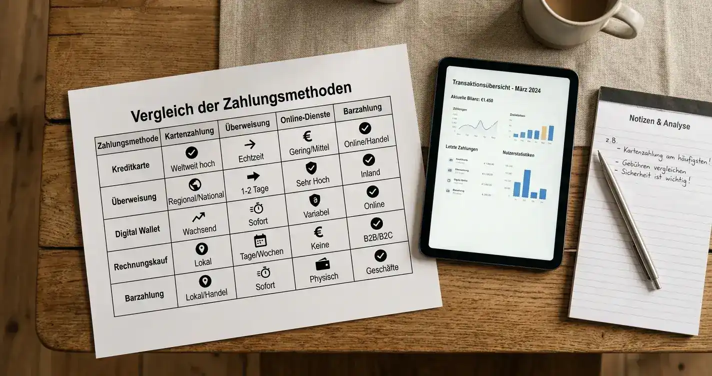 Vergleichstabelle verschiedener Zahlungsmethoden mit Checkmarks auf Papier