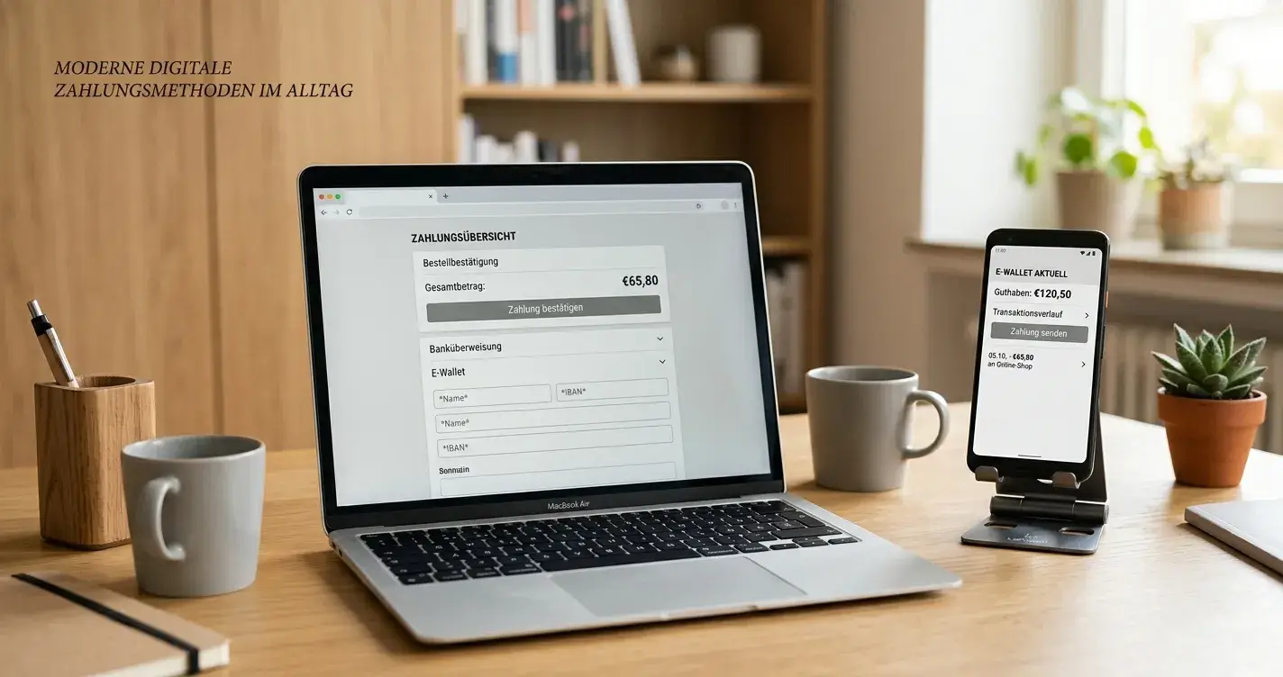 Laptop mit neutraler Zahlungsoberfläche und Smartphone mit E-Wallet auf einem aufgeräumten Tisch
