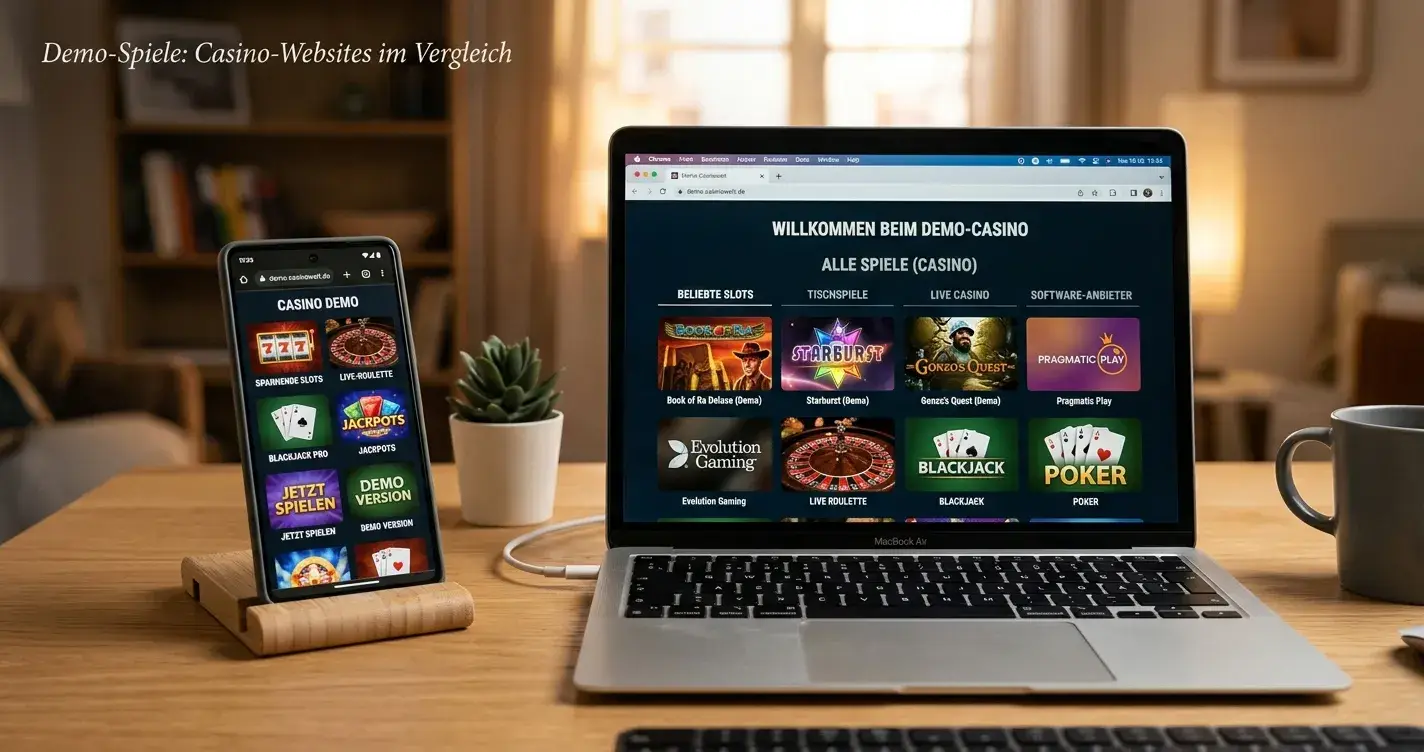 Smartphone und Desktop-Browser mit geöffneten Casino-Demo-Portalen